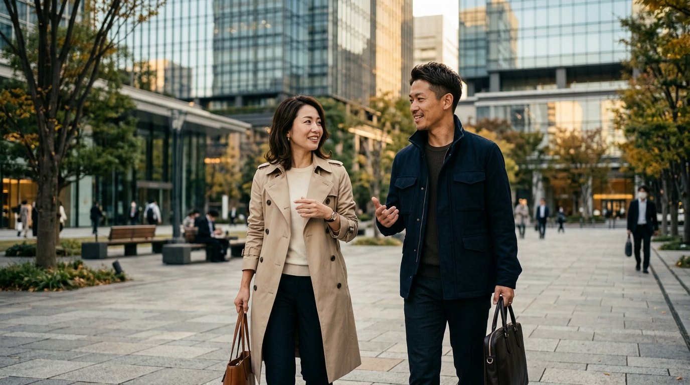 街を歩きながら話す二人の不動産ブローカー