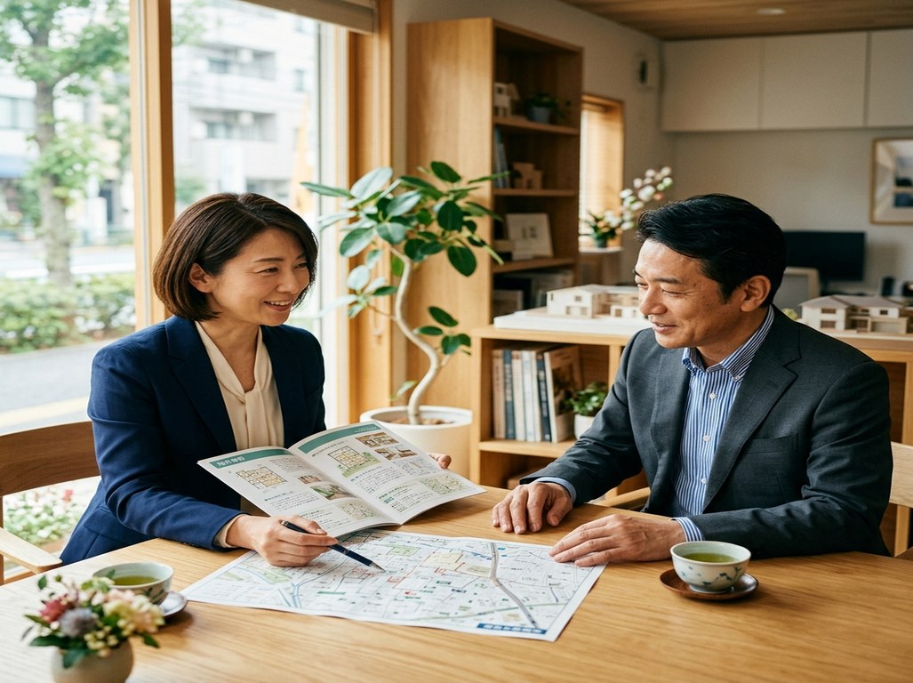 資料を見ながら相談に応じる担当者